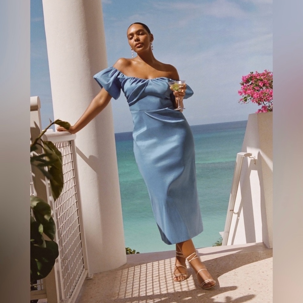 Abercrombie & Fitch Taffeta Light Blue Off-Shoulder Midi Dress
